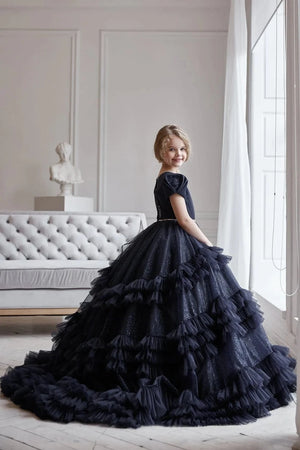 Black Ball Gown Cap Sleeves Tulle Tiered Girls Dress