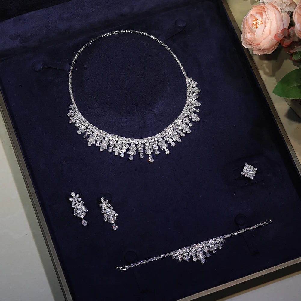 Bridal 4Pcs White Zirconia Jewelry Set – Necklace, Earrings, Ring & Bracelet