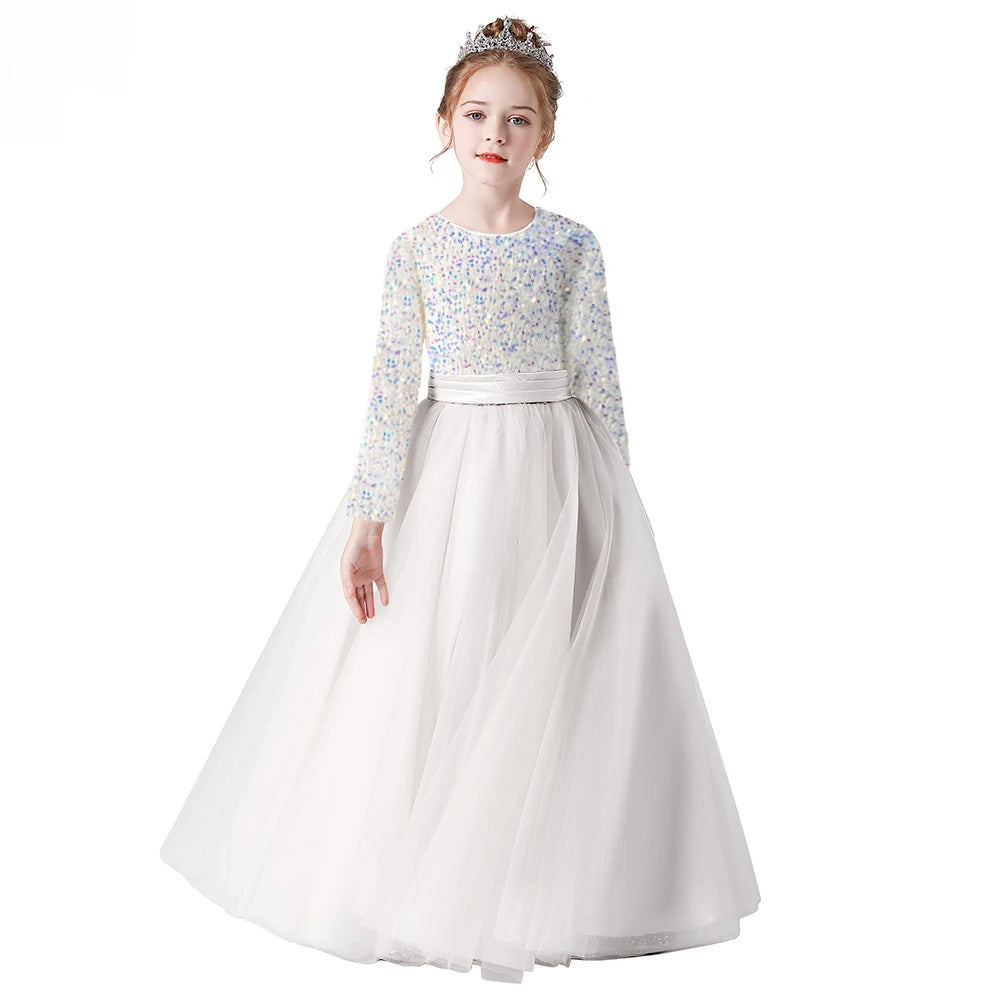 Glitter Sequins Long Sleeves Flower Girls Dress Party Gown