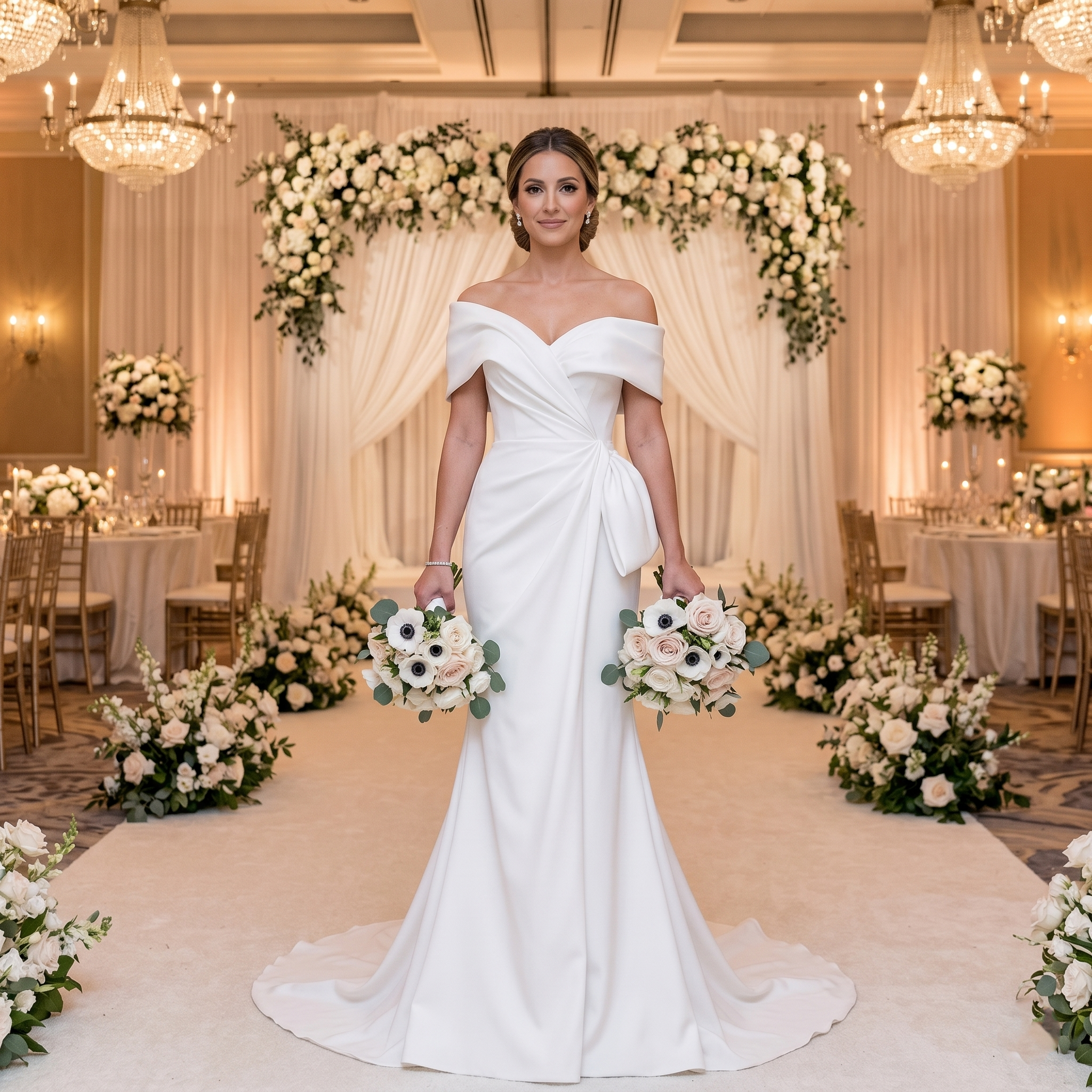 Minimalist satin mermaid wedding dress with an architectural off-the-shoulder portrait collar, plunging sweetheart neckline, high thigh slit skirt, and a court train.