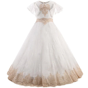 Tulle Puffy Lace Pattern Flower Girl Ivory Dress