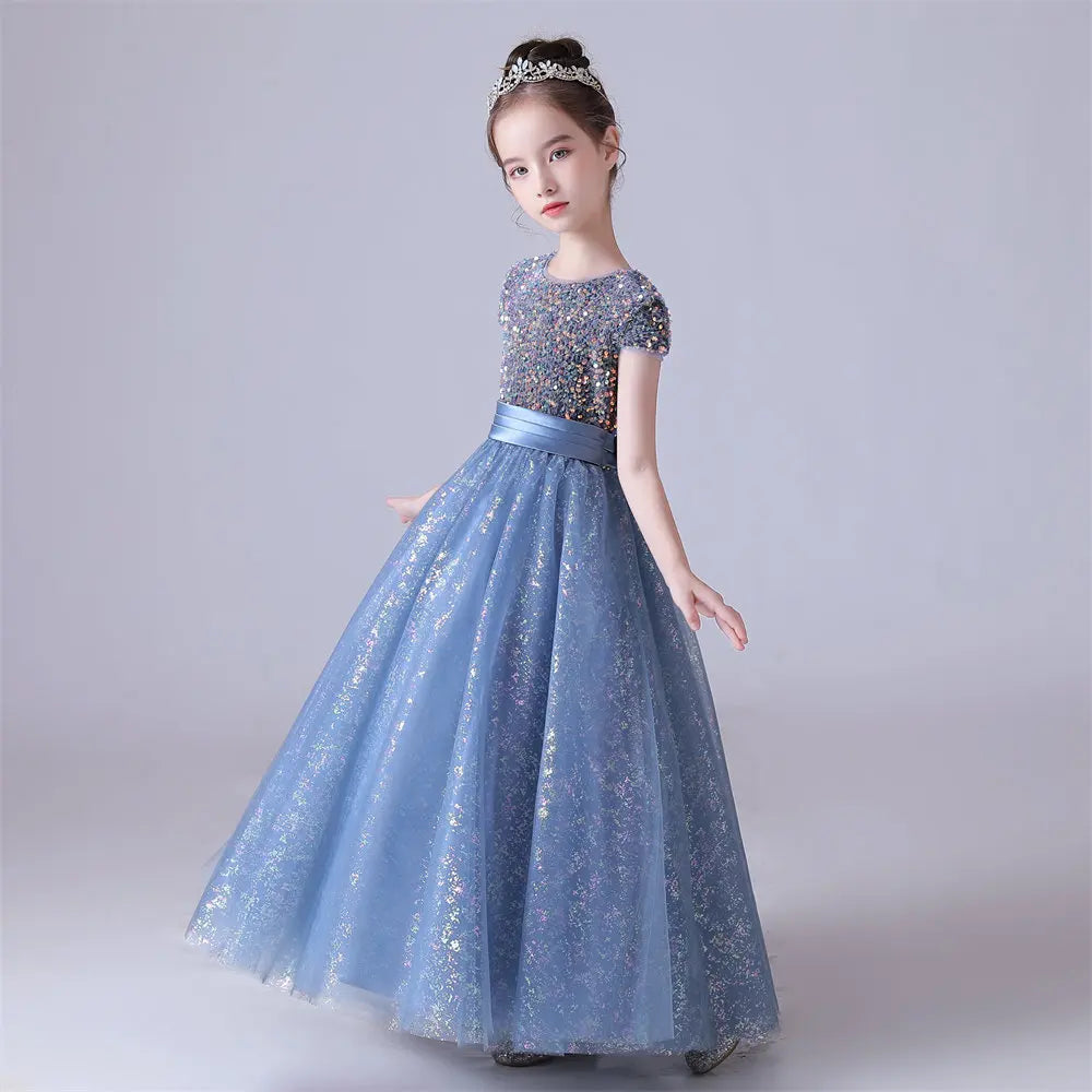 Blue Shiny Tulle Bow Sequin Flower Girl Dress O-Neck Kids Birthday Formal Princess Gown