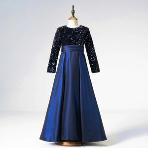 Navy Blue Long Sleeves Sequin Elegant Girl Party Dress