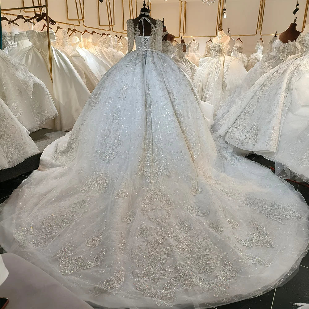 Vintage Glitter Long Sleeve Pleated Ball Gown Backless Wedding Dress Elsi John Vintage Glitter Long Sleeve Pleated Ball Gown Backless Wedding Dress Elsi John