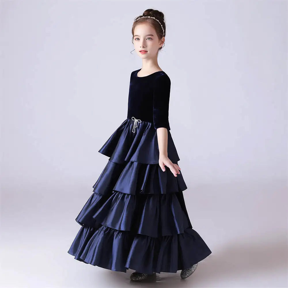 Satin Tiered Half Sleeve Bridesmaid Girls Dress