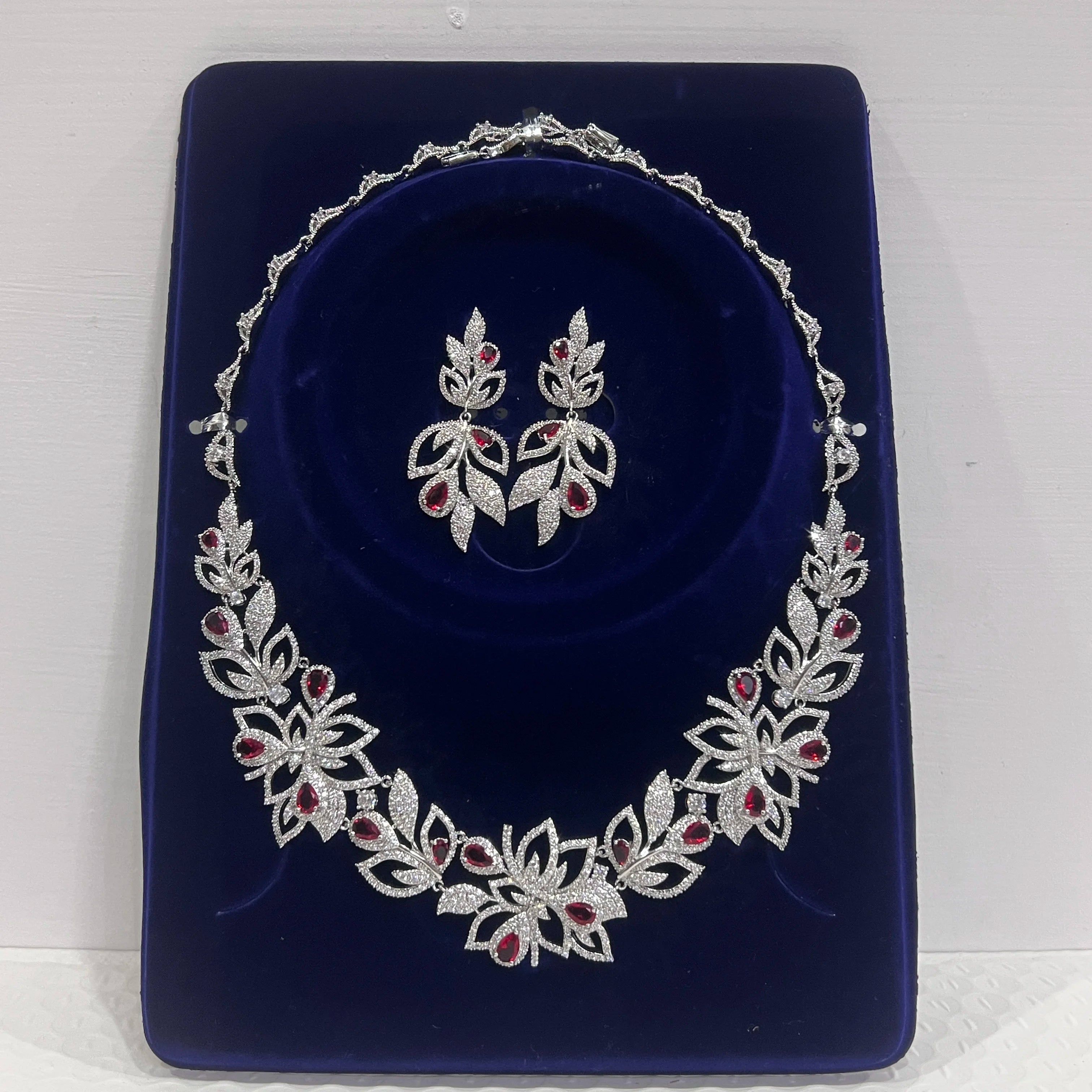 Luxury Crystal Red Flower Zircon Necklace & Earring Set for Brides