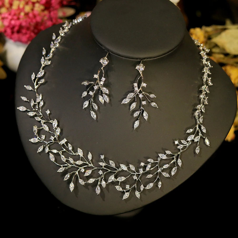 Cubic Zirconia Vine Jewelry Set – Bridal Necklace & Earrings for Women