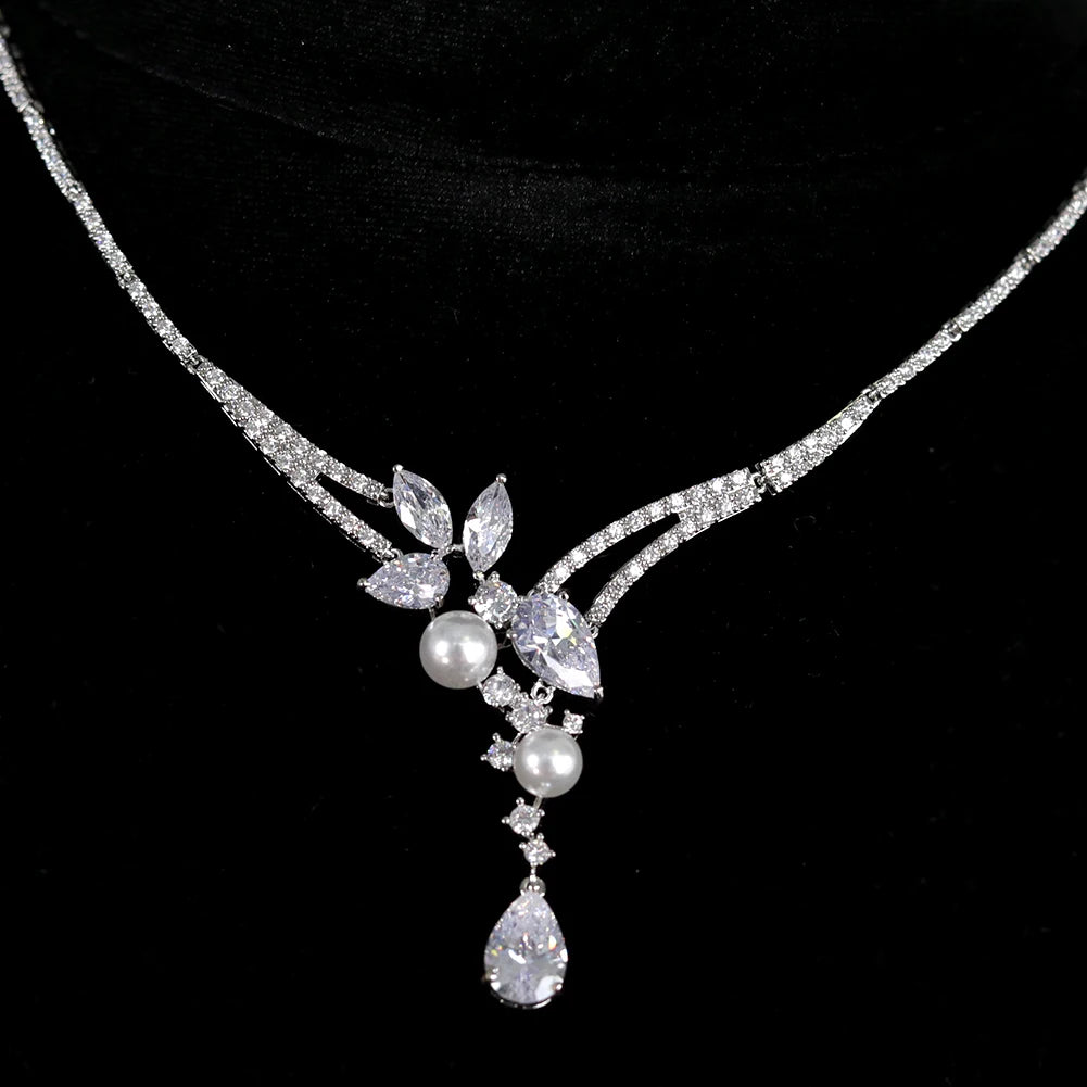 Elegant Pearl Jewelry Set – Zirconia Pendant Necklace & Drop Earrings, 2PCS Gift