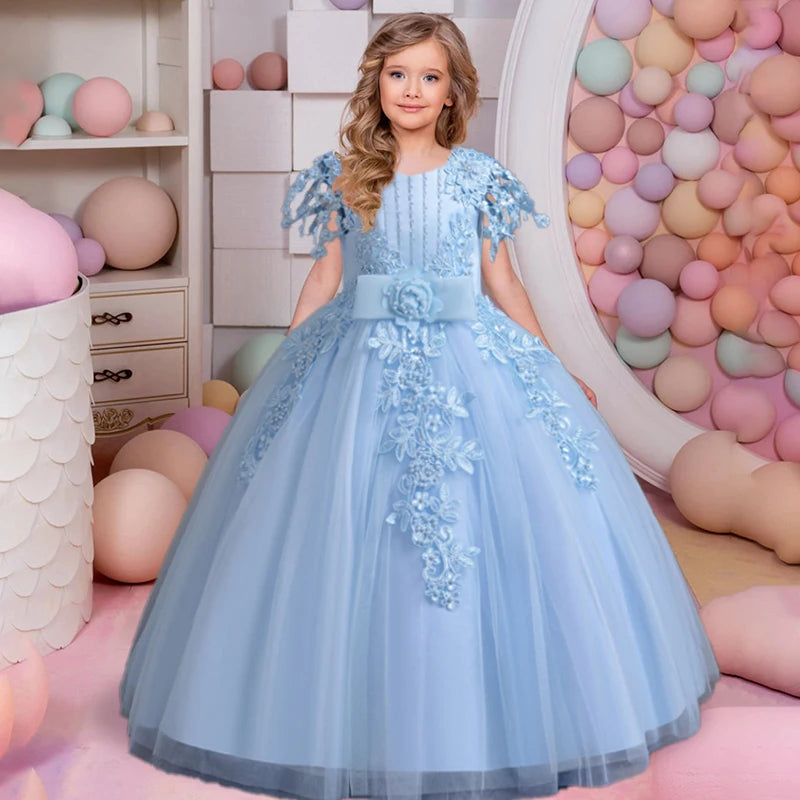 Girl's Flower Bow Lace Mesh Dress 4-12 Years for Birthday and Performance