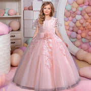 Girl's Flower Bow Lace Mesh Dress 4-12 Years for Birthday and Performance