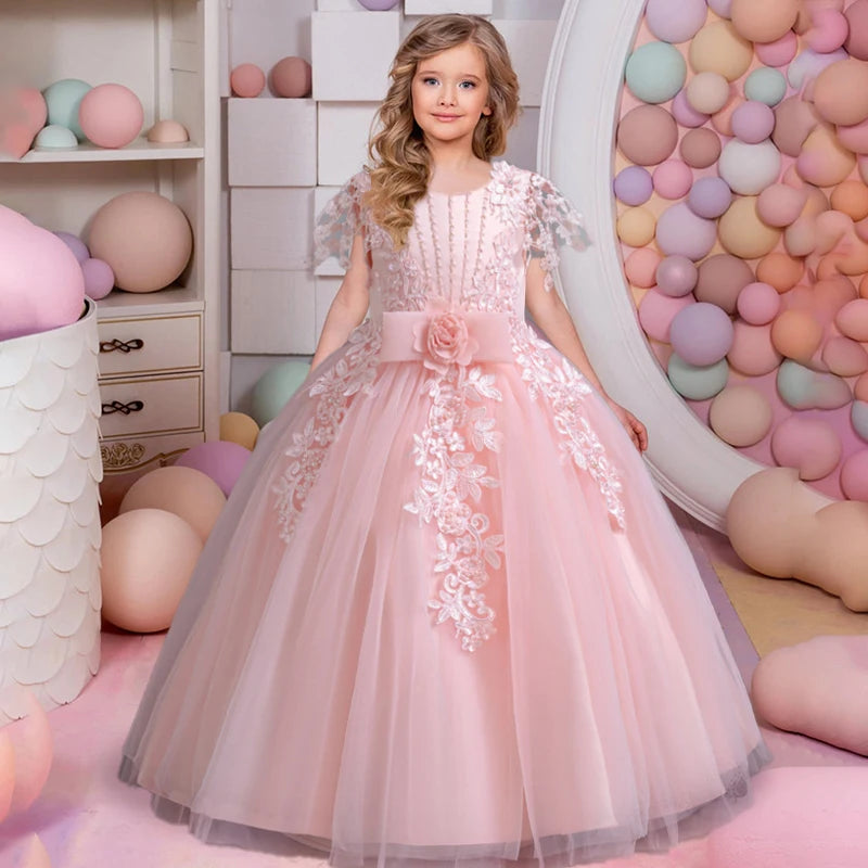 Girl's Flower Bow Lace Mesh Dress 4-12 Years for Birthday and Performance