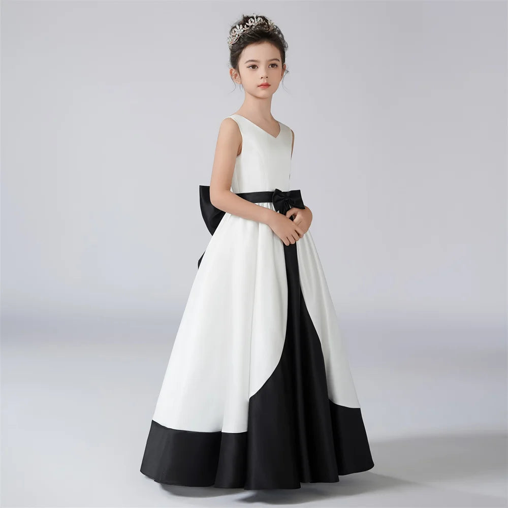 Black and White Detachable Bow Girls Party Dress