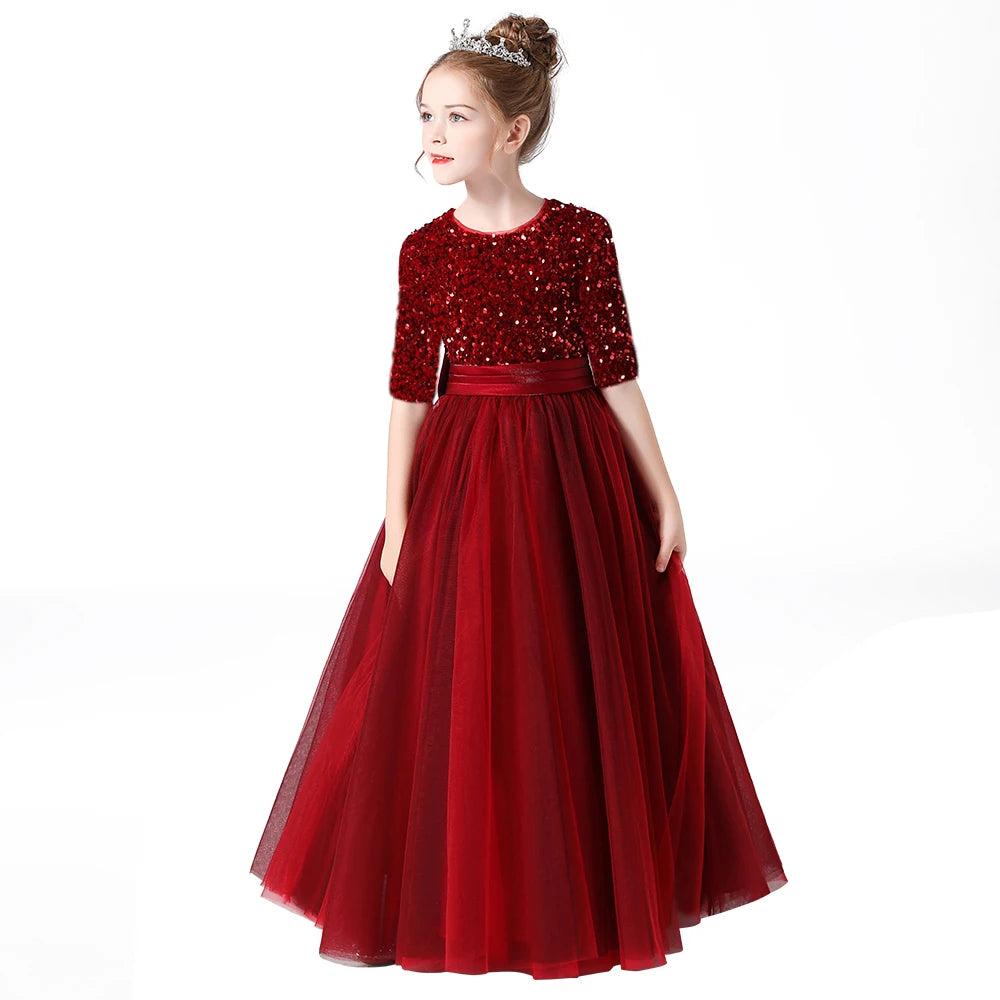 Sequin Tulle Long Gown for Girls with Half Sleeves – Party, Pageant, or Wedding Dress