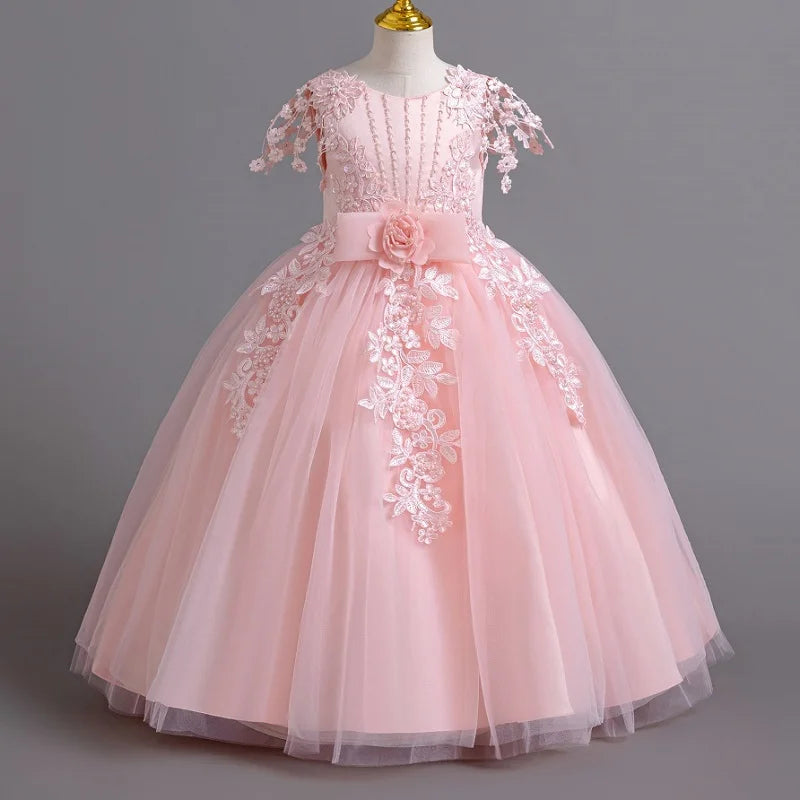 Girl's Flower Bow Lace Mesh Dress 4-12 Years for Birthday and Performance