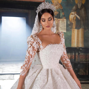 Glitter Beading Ball Gown Wedding Dress Three Quarter Sleeves Gorgeous Bridal Dress