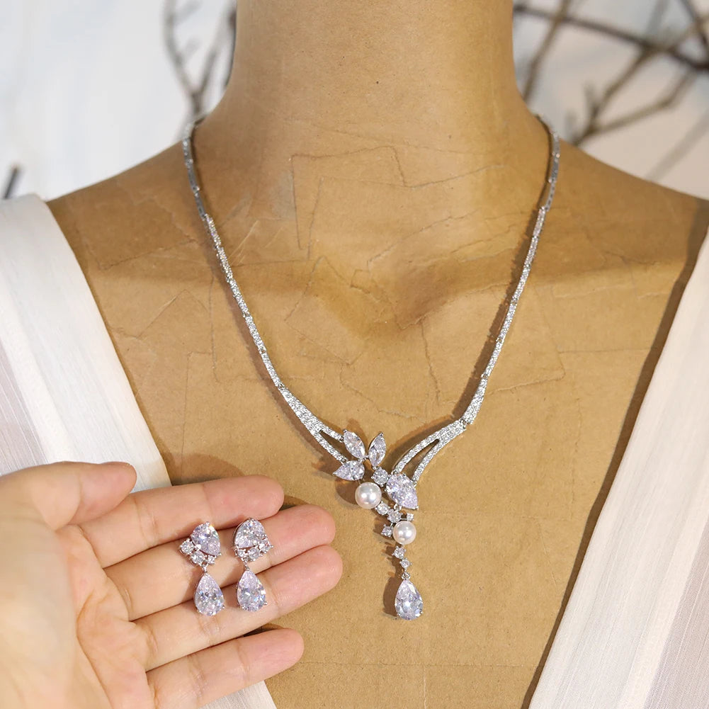 Elegant Pearl Jewelry Set – Zirconia Pendant Necklace & Drop Earrings, 2PCS Gift