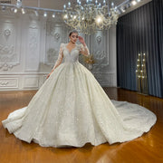 Lace Appliquéd Beaded Wedding Dress Long Sleeve Luxury Ball Gown for Brides