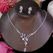 Elegant Pearl Jewelry Set – Zirconia Pendant Necklace & Drop Earrings, 2PCS Gift
