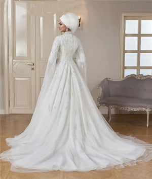 High Neck Luxury Sequins Islamic Hijab Muslim Wedding Dress Arabic Dubai Bridal Gown