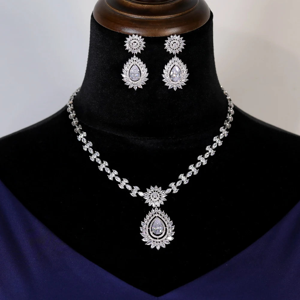 Sparkling Cubic Zirconia Pendant Necklace and Earring Set for Wedding and Party