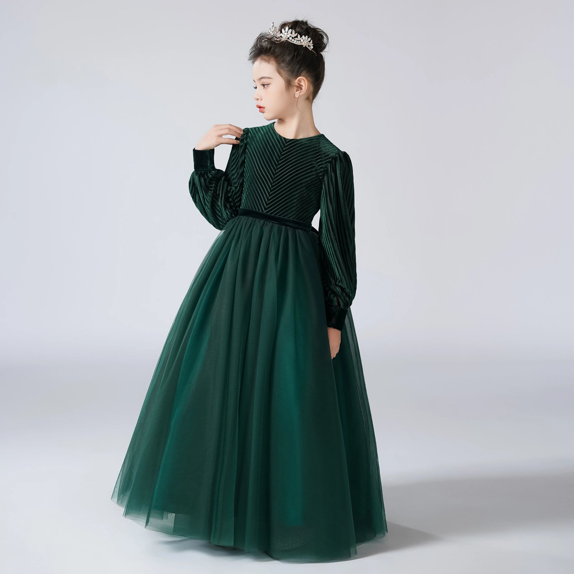 Velvet Full Sleeve Long Skirt Green Girls Dress Pageant Gown, Picture color / child-2 Velvet Full Sleeve Long Skirt Green Girls Dress Pageant Gown, Picture color / child-2