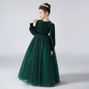Velvet Full Sleeve Long Skirt Green Girls Dress Pageant Gown