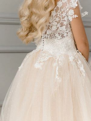 Champagne Glitter Lace Tulle Toddler Floral Ball Gown