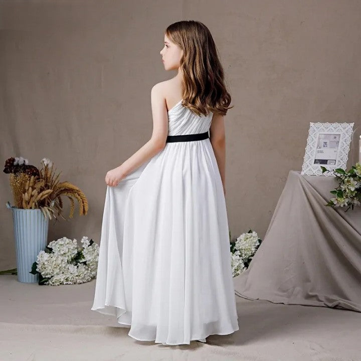 White Chiffon One Shoulder Flower Girl First Communion Dress