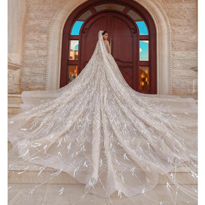 Luxury A-Line V Neck Arabian Glitter Champagne Wedding Dress Long Sleeve Prom Dress