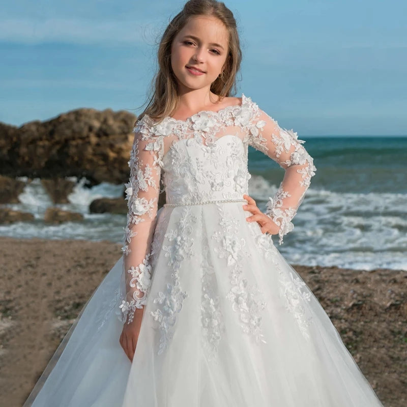 Long Sleeves Ball Gowns With Pearls Sash Princess Dress