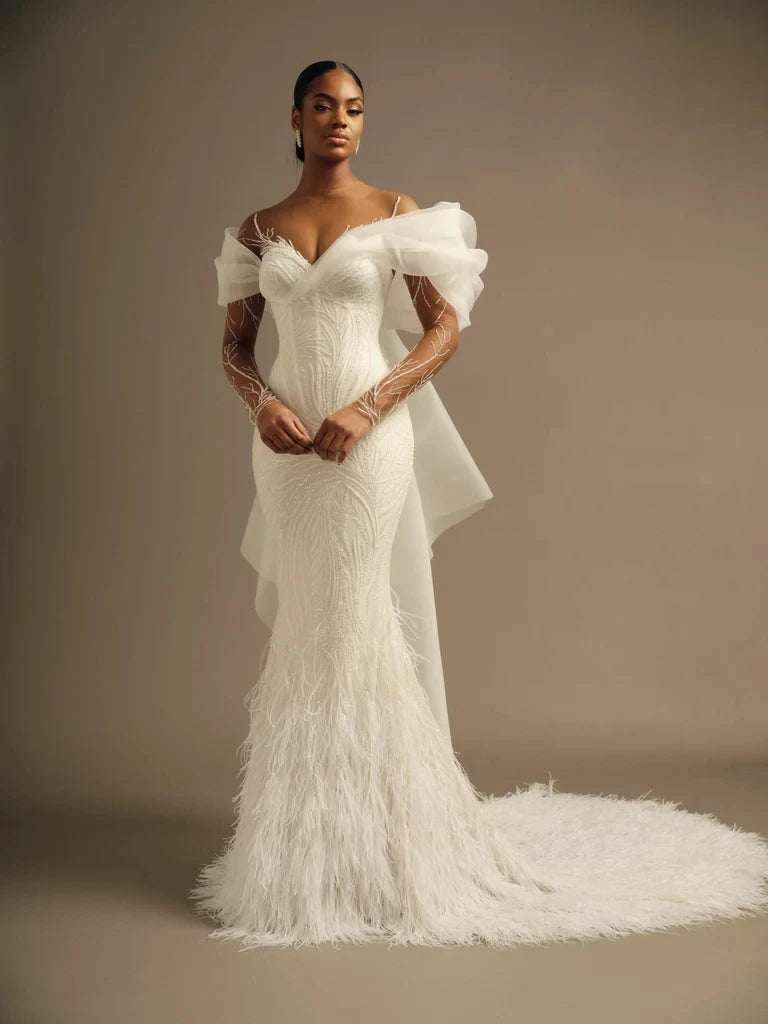 Long sleeve feather wedding dress online
