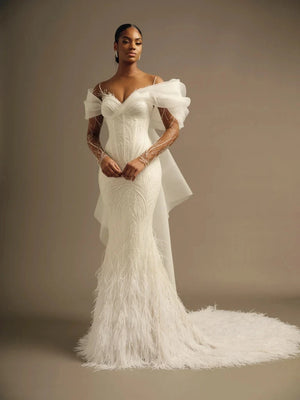 Beading Feather Long Sleeve 2 Pieces Mermaid Wedding Dress With Detachable Train