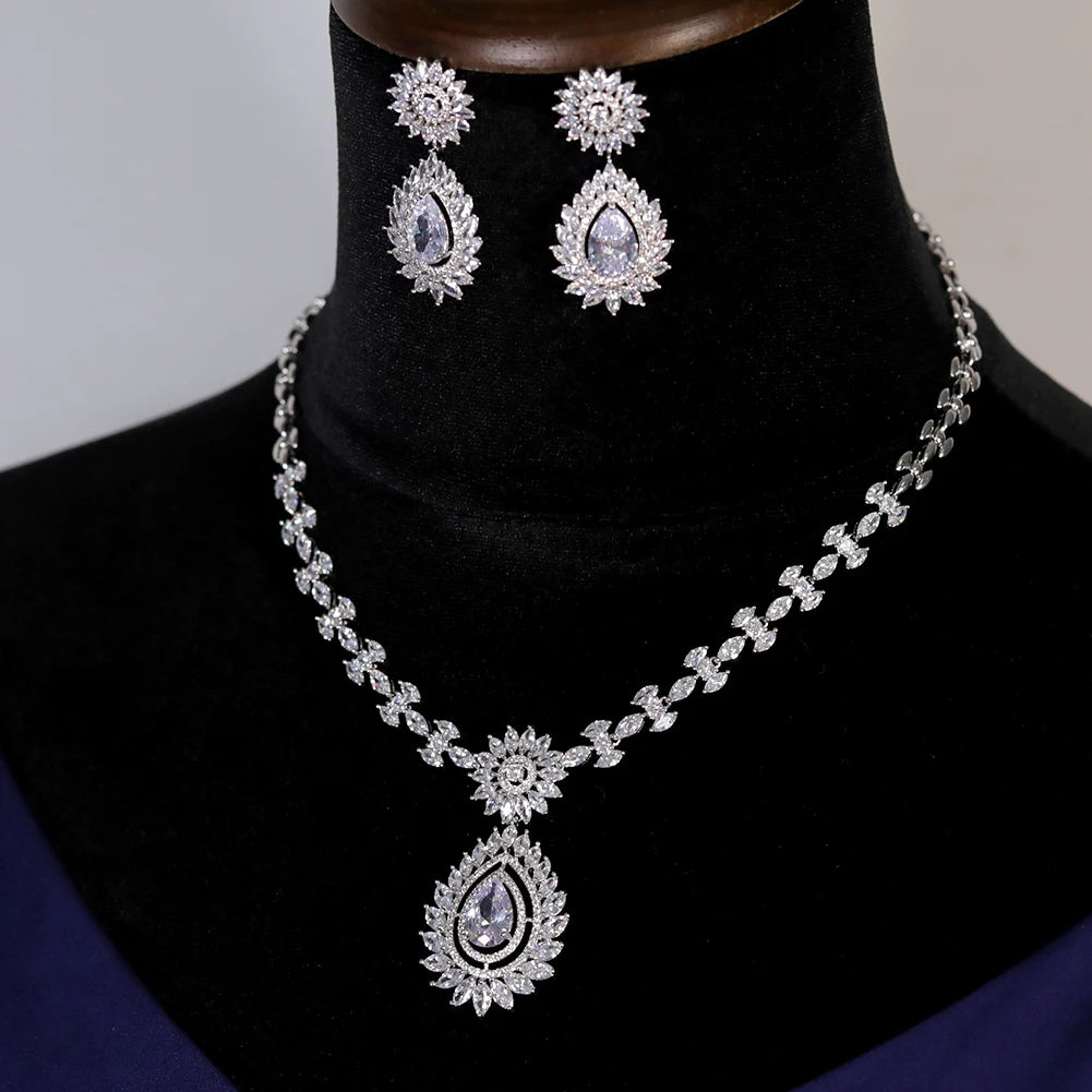 Sparkling Cubic Zirconia Pendant Necklace and Earring Set for Wedding and Party