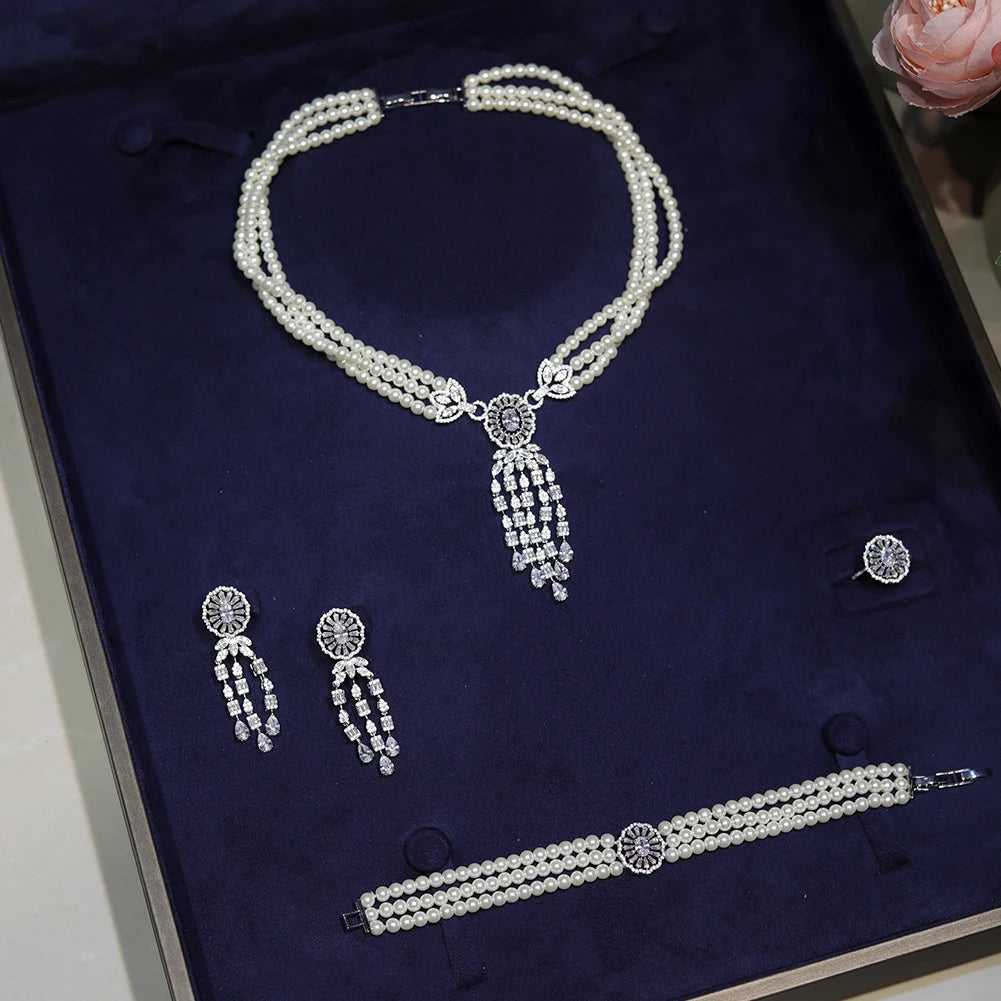 Dubai Bridal 4PCS Pearl Jewelry Set – Necklace, Earrings & Tassel Pendant