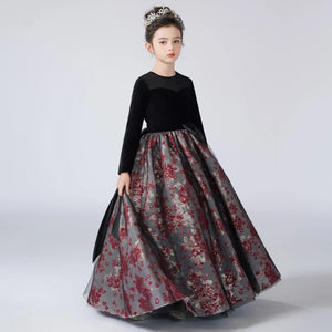 Vintage Velvet Long Sleeve Girls Dress Party Pageant Gown