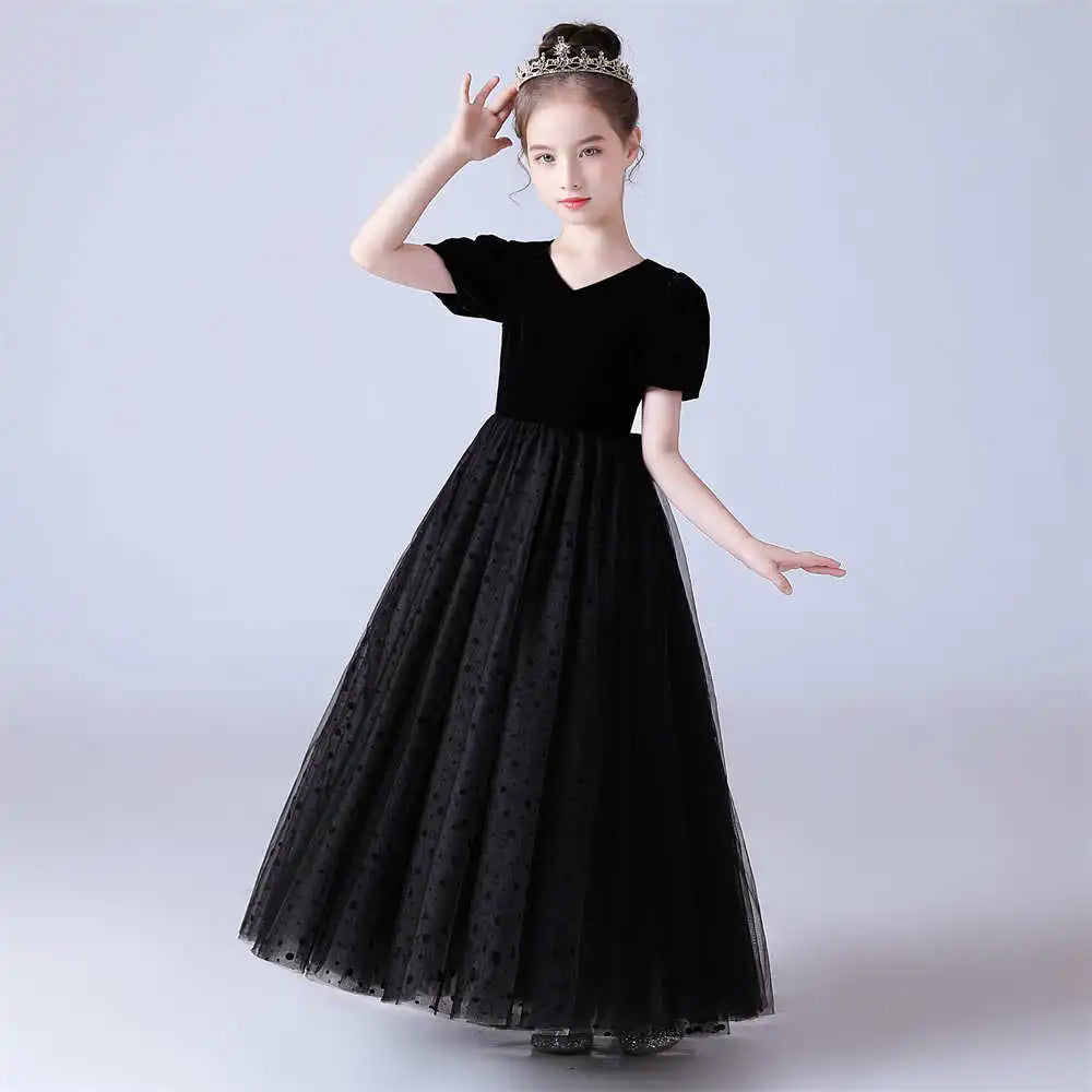 Polka dot Tulle Puff Sleeves Black Girls Dress