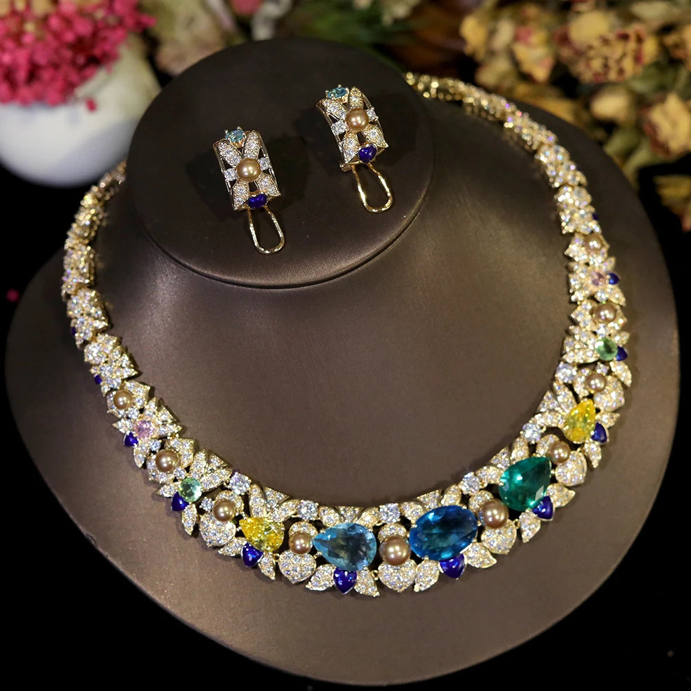 Sky Blue Cubic Zirconia Bridal Jewelry Set – 2-Piece Necklace & Earrings