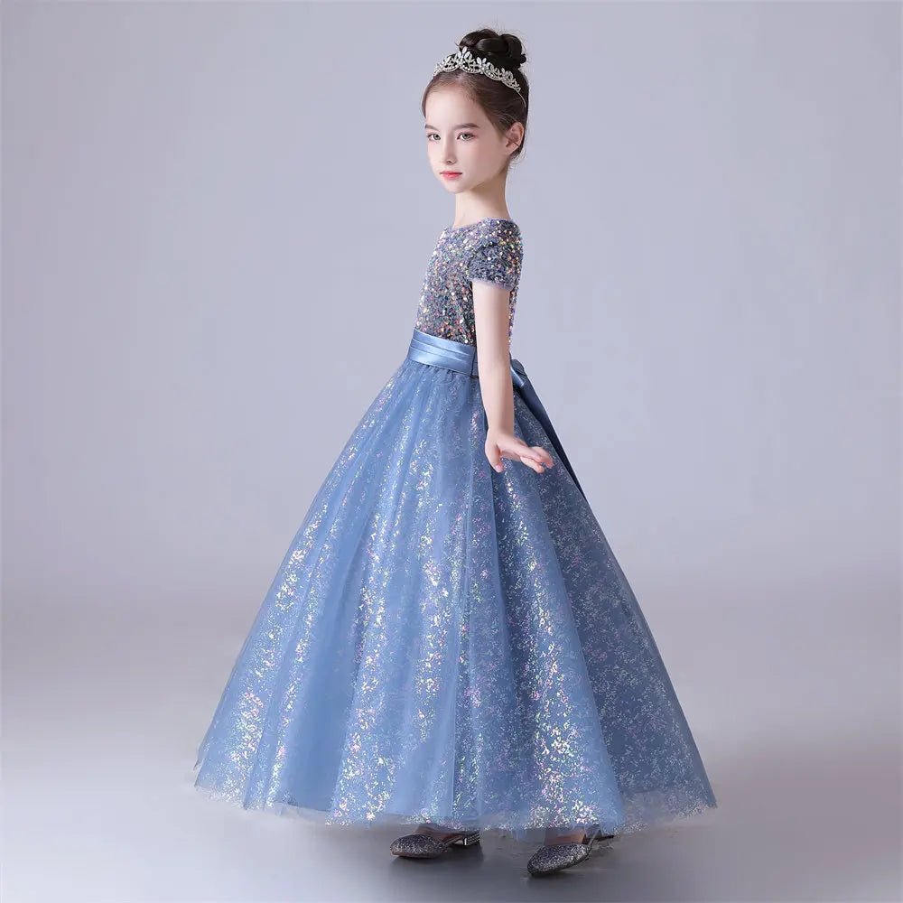 Blue Shiny Tulle Bow Sequin Flower Girl Dress O-Neck Kids Birthday Formal Princess Gown