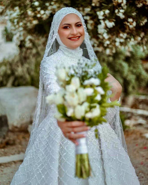 A-Line  Sweep Train High Neck Bridal Muslim Arabic Wedding Dress Elegant Bridal Gown