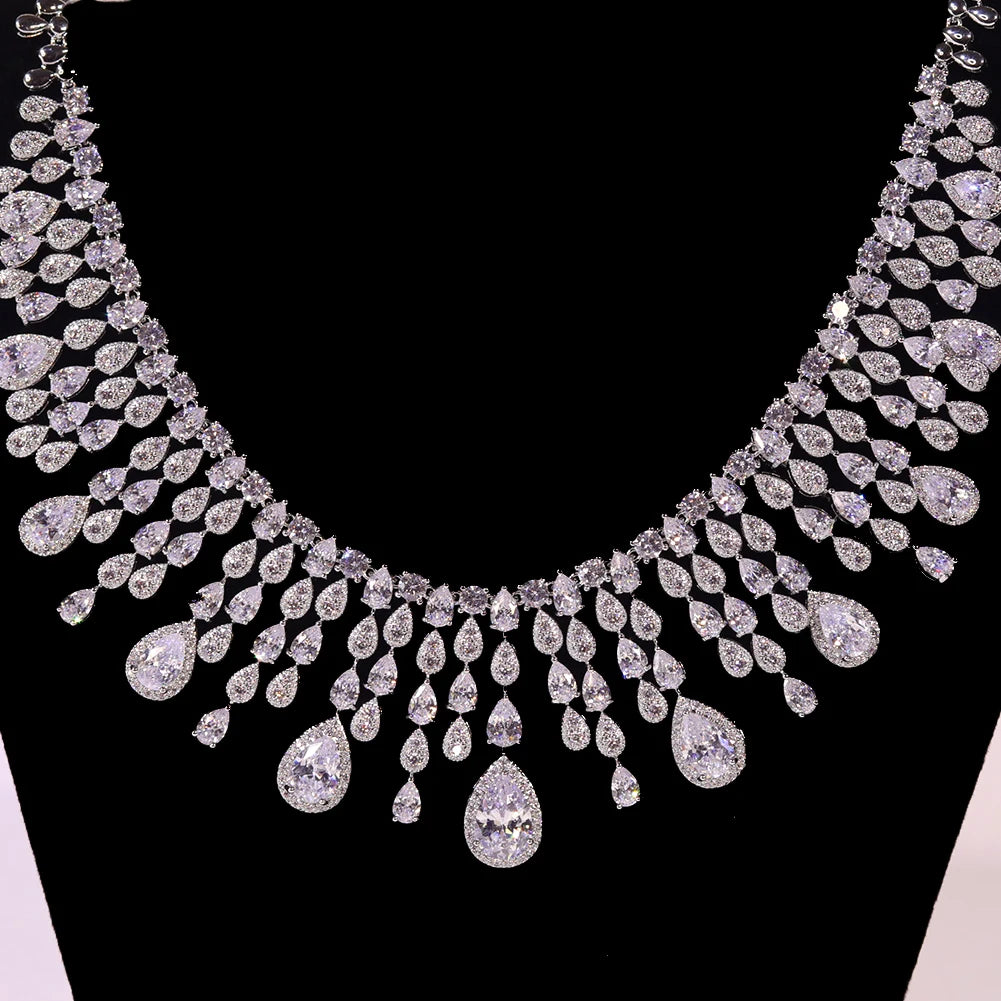 Luxury Water Drop Tassel Jewelry Set with White Cubic Zirconia for Brides