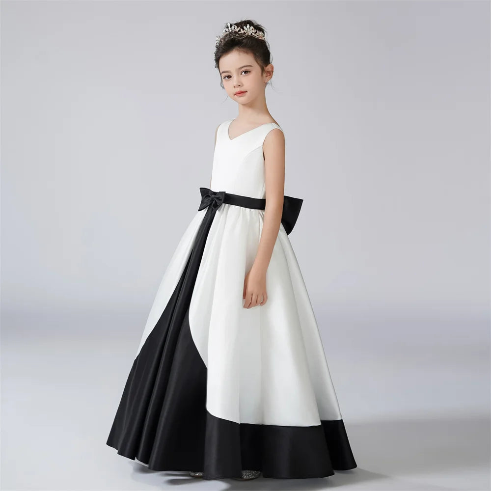Black and White Detachable Bow Girls Party Dress