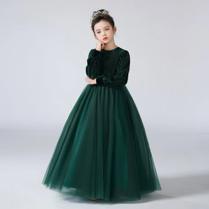 Velvet Full Sleeve Long Skirt Green Girls Dress Pageant Gown