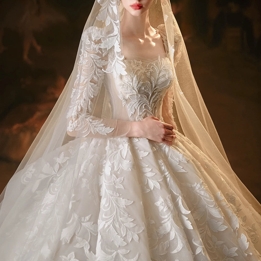 Princess Square Collar Full Sleeve Ball Gown Lace-Up Wedding Dress