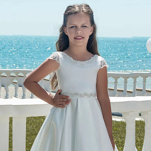White Satin A-Line Floor-Length Short Sleeve Girls Dress
