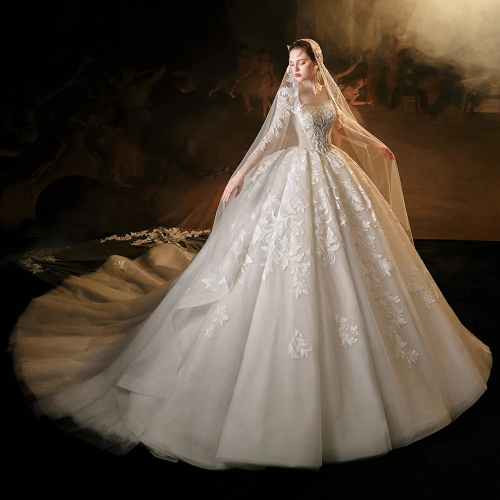 Princess Square Collar Full Sleeve Ball Gown Lace-Up Wedding Dress