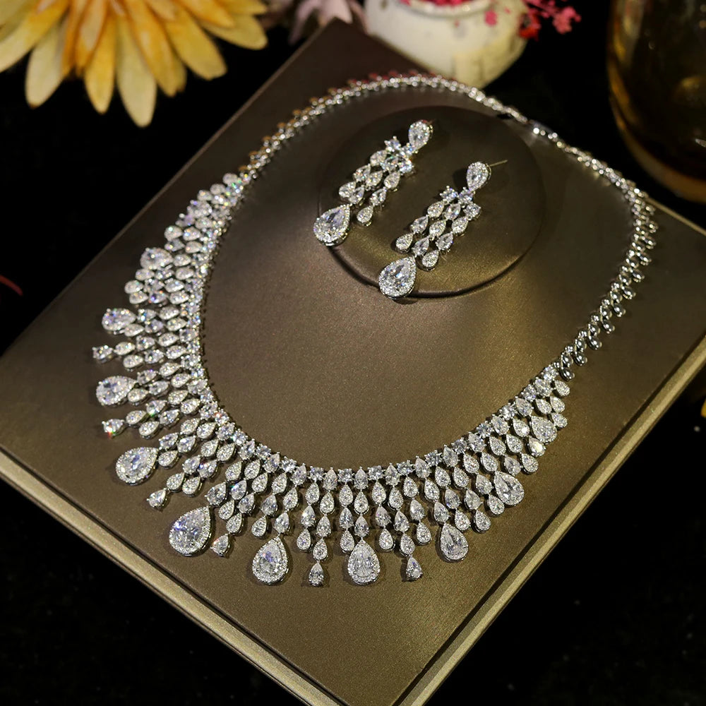 Luxury Water Drop Tassel Jewelry Set with White Cubic Zirconia for Brides