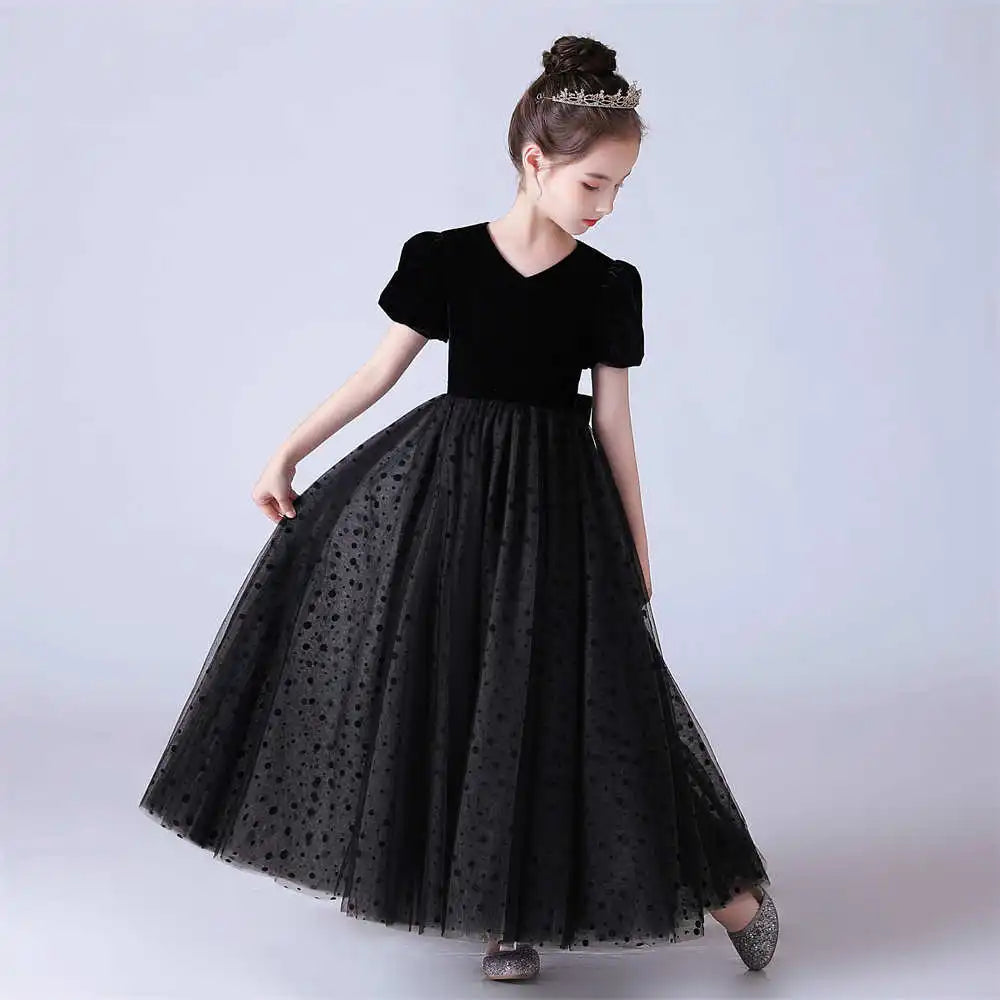 Polka dot Tulle Puff Sleeves Black Girls Dress