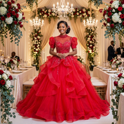 A smiling bride wearing a dramatic red sequin ball gown wedding dress with short puff sleeves and a high neck at a luxury indoor reception venue.