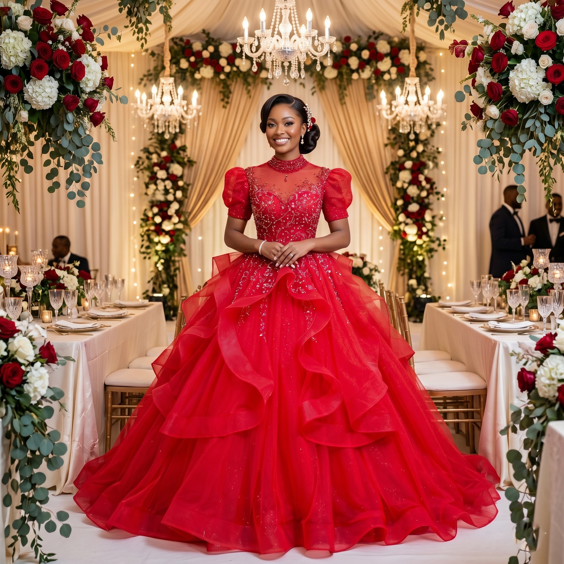 A smiling bride wearing a dramatic red sequin ball gown wedding dress with short puff sleeves and a high neck at a luxury indoor reception venue.