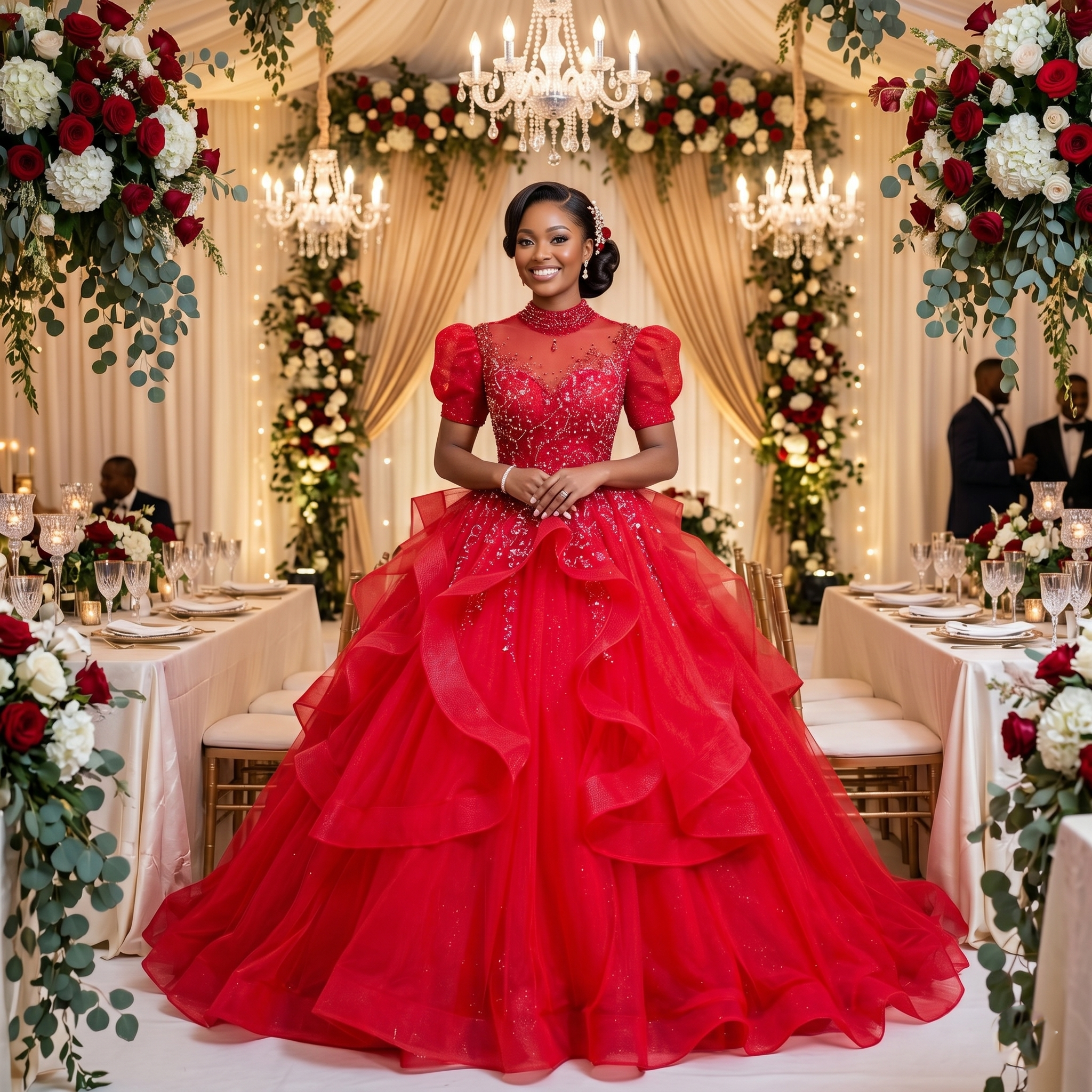 A smiling bride wearing a dramatic red sequin ball gown wedding dress with short puff sleeves and a high neck at a luxury indoor reception venue.